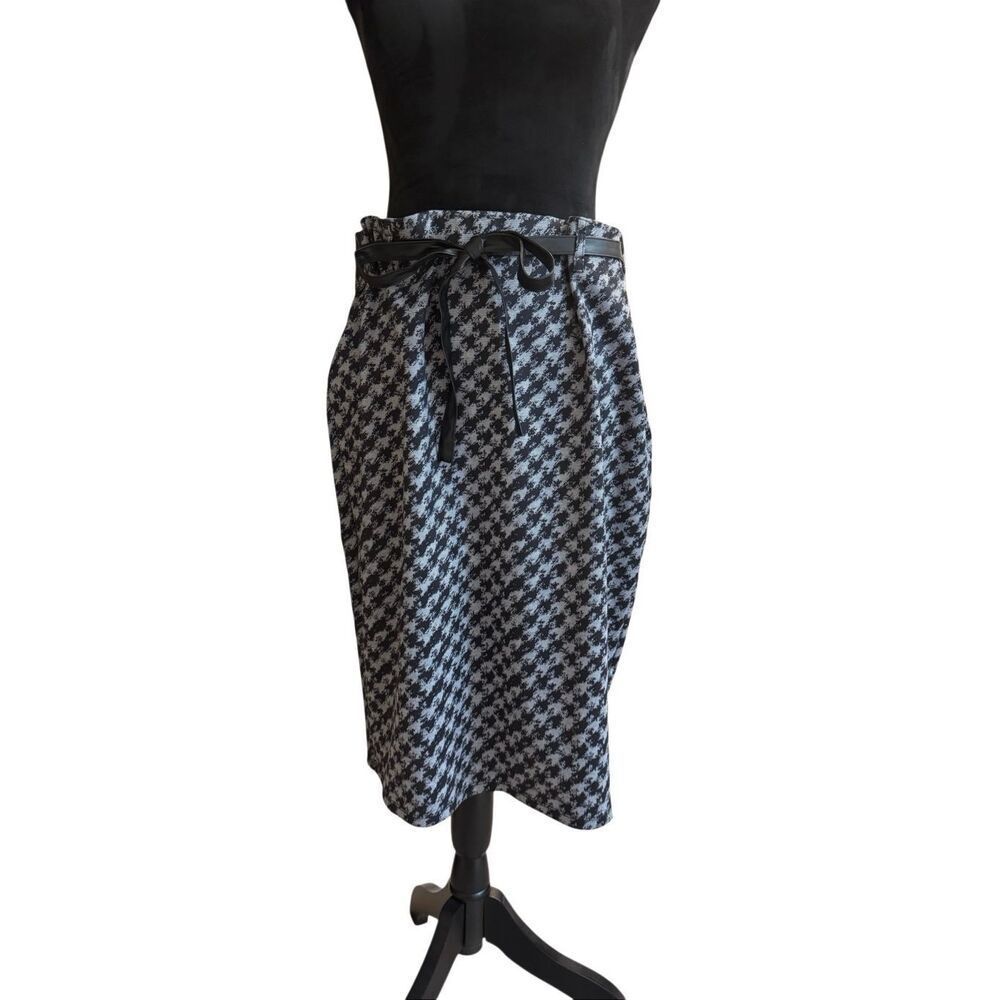 Carole Wren Large Black & Grey Houndstooth Pencil Skirt w/ Belt Stretch